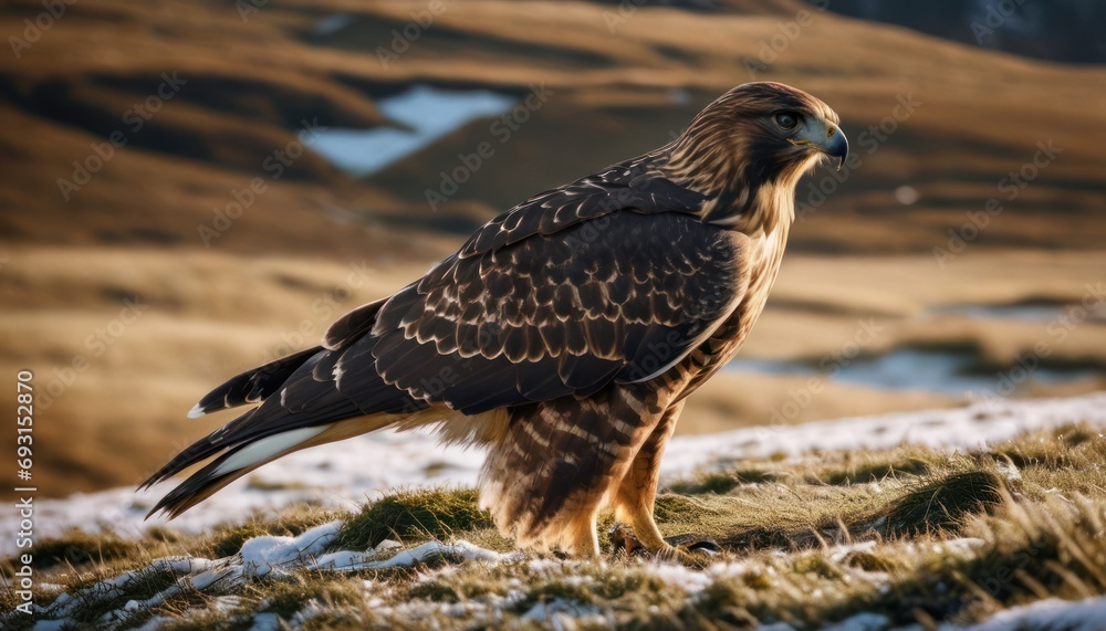 Poster a close up of a bird of prey in a field with snow on the ground and hills in the background.