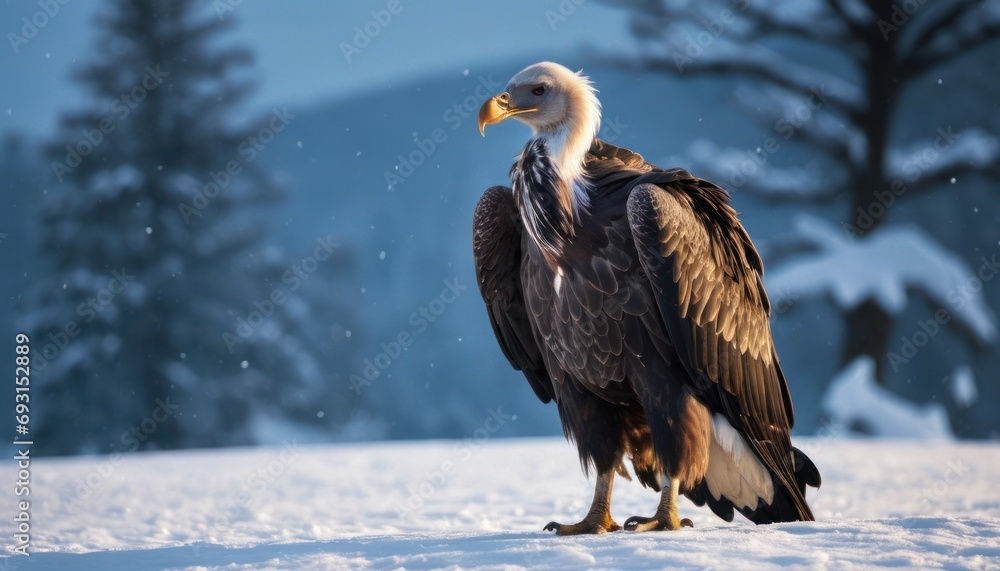 Poster a bald eagle standing in the snow in front of a pine tree and a mountain in the background with snow