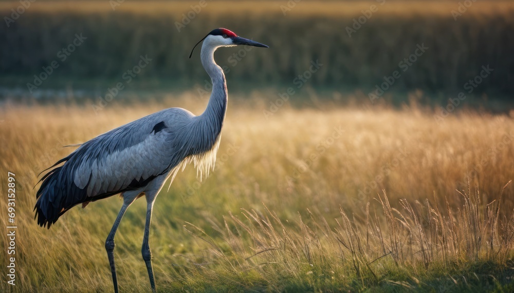 Poster a large bird with a long neck standing in a field of tall grass with tall grass in the foreground an