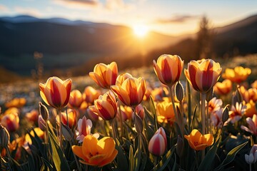 A vibrant field of yellow and red tulips glowing in the warm light of the setting sun