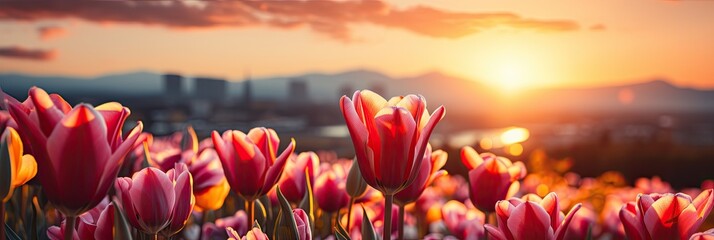 A vibrant field of red tulips stretching out towards the horizon as the sun sets in the background, casting a warm glow over the flowers - obrazy, fototapety, plakaty