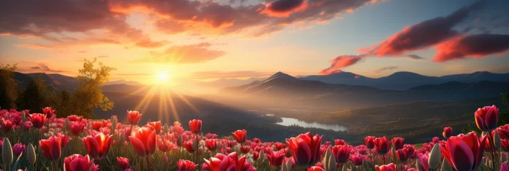 Fotobehang beautiful Easter panoramic landscape with a serene sunrise over tulip flowers field © nnattalli