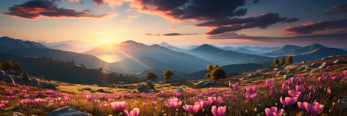 A vibrant field of pink flowers swaying gently in the breeze, with majestic mountains towering in...
