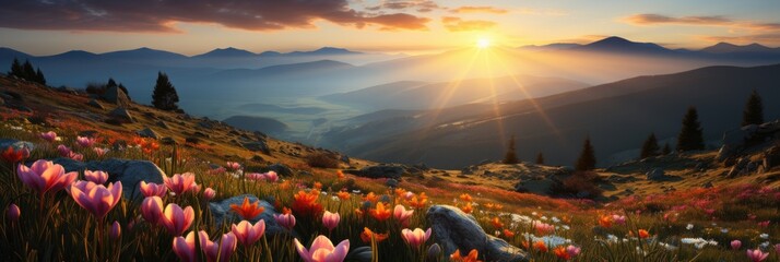 A vibrant painting capturing the beauty of a serene sunset over a vast field of colorful flowers,...