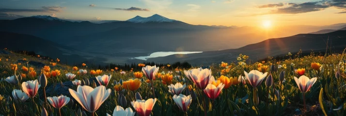 Foto op Canvas A vast field of vibrant flowers blooms in the foreground as a majestic mountain looms in the distance under a clear blue sky © nnattalli