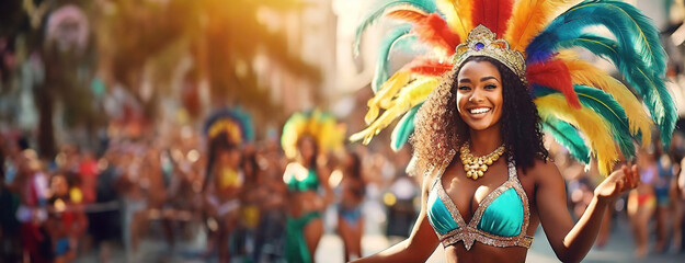 Vibrant Carnival Celebration. Dancer with Colorful Feathers in Rio. Panorama with copy space. Blur flamboyant festivities background. - obrazy, fototapety, plakaty