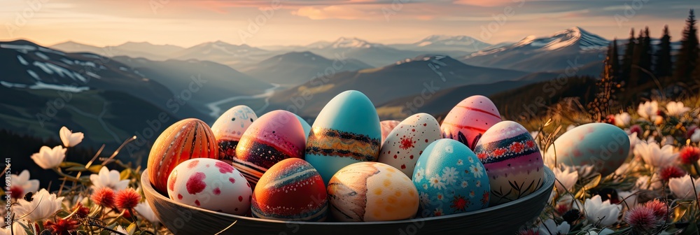 Canvas Prints Colorful Easter eggs and panoramic landscape with a serene sunrise