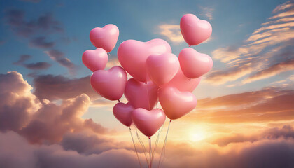 The pink heart shaped balloons and clouds. Valentine's day composition.	 - obrazy, fototapety, plakaty