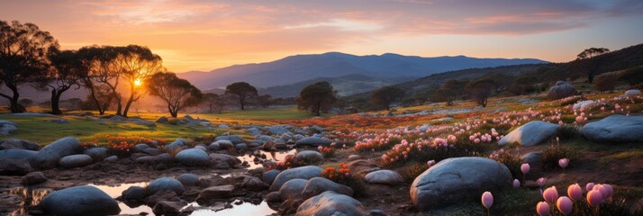 Spring panoramic landscape with a serene sunrise