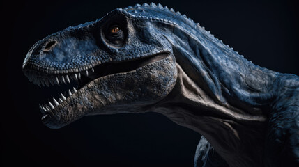 Realistic photography of prehistoric Tyrannosaurus Rex dinosaur with sharp teeth, extremely detailed studio shot, generative ai