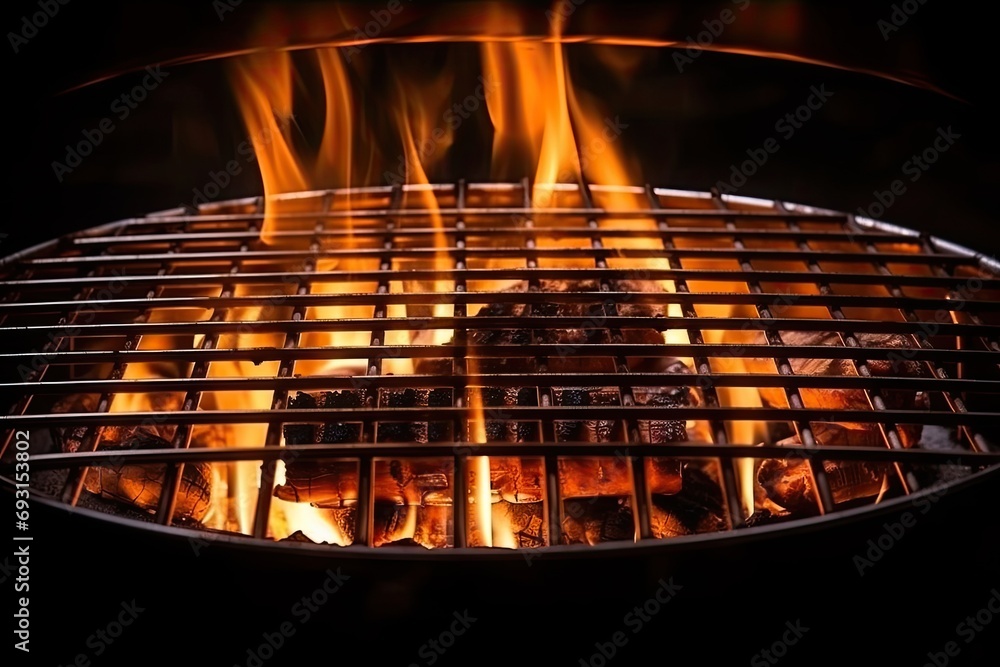 Poster A close-up view of a grill engulfed in intense flames, creating a mesmerizing display of heat and light. The flames dance and flicker, casting a warm glow over the grill