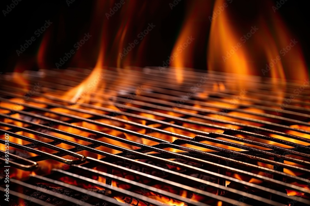 Poster barbecue grill with fire, empty fire grid for mock up or template