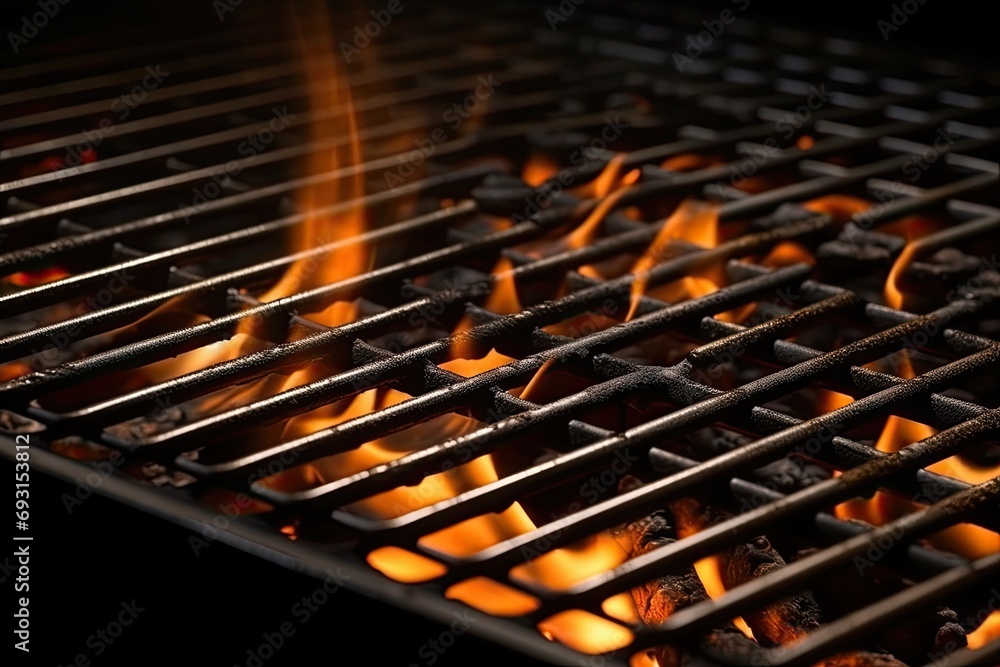 Poster A close up of a grill with flames flickering and dancing, casting a warm glow and creating a mesmerizing display of heat and light