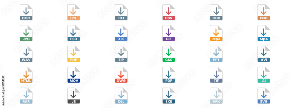 Poster a set of icons of all types of electronic file types on a white background, eps10