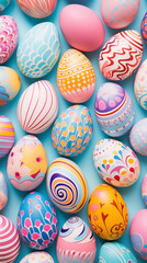 Fototapeta na wymiar Colorful Easter Eggs decorated for easter party concept in a flat lay background color