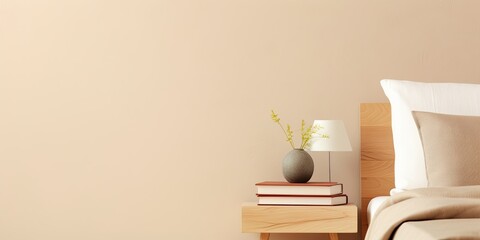 Books and decor placed on wooden bedside table near light-colored wall.