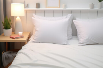 Bedroom interior design details. White pillows, duvet case on bed. Elegant bedroom with white bedding and wooden wardrobe table with decoration