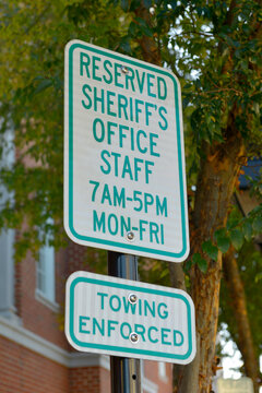 Street parking sign p reserved for Sheriff's Office Staff seen in Fredericksburg, Virginia