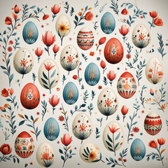 ilustración para papel huevos de pascua chocolate pintados con elementos decorativos, patrón o modelo para estampado, en fondo blanco con detalles florales, colorido  - obrazy, fototapety, plakaty