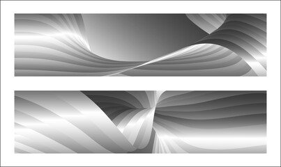 Monochrome cover design, abstract background. Wavy silver parallel gradient lines, ribbons, silk. Set of 2 backgrounds. Black and white with shades of gray banner, poster. eps vector