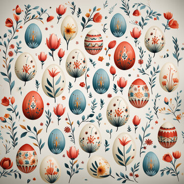ilustraci&oacute;n para papel huevos de pascua chocolate pintados con elementos decorativos, patr&oacute;n o modelo para estampado, en fondo blanco con detalles florales, colorido 