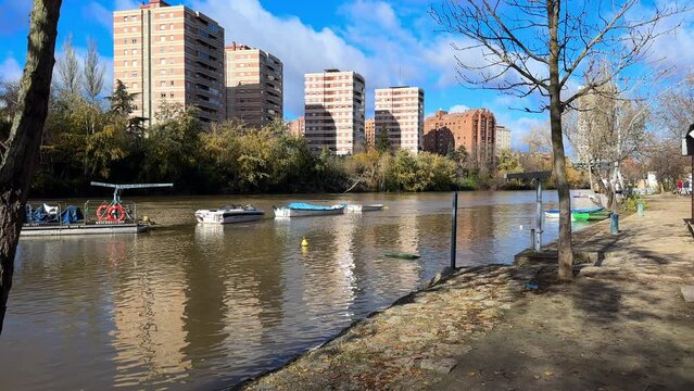 Scenic view of Pisuerga riverbank in Valladolid, Castile and Leon, Spain. High quality 4k footage