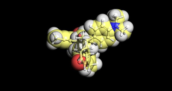 Mifepristone,  drug for medically-induced abortion, 3D molecule spinning, 4K