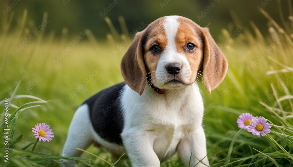 Poster a beagle puppy standing in a field of grass with daisies in the foreground and a blurry background o