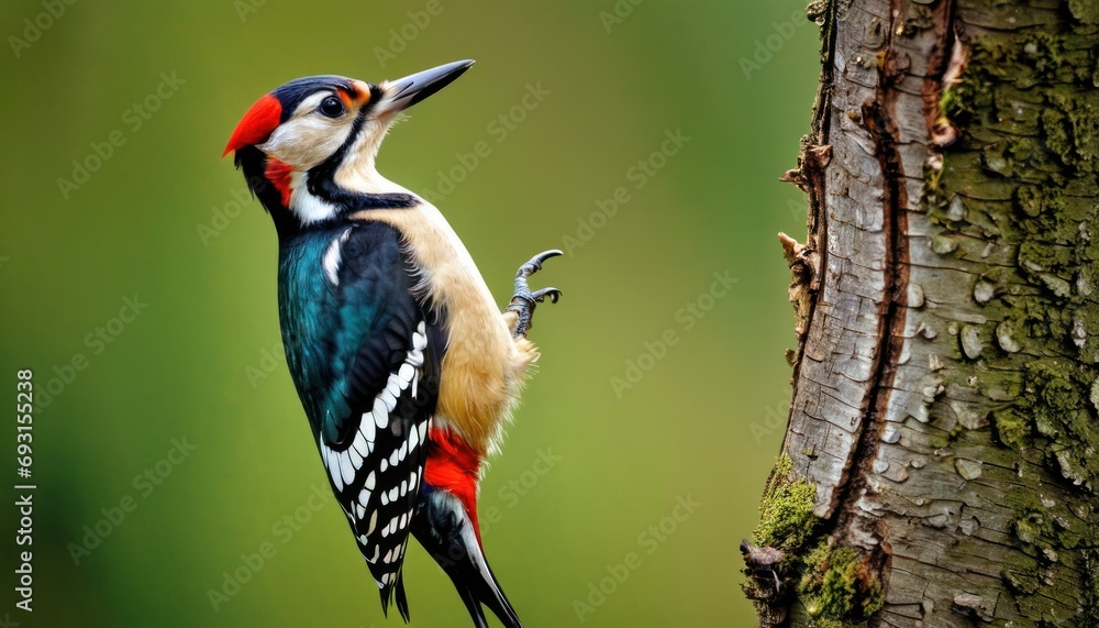 Poster a colorful bird perched on the side of a tree next to a mossy tree trunk with its mouth open.