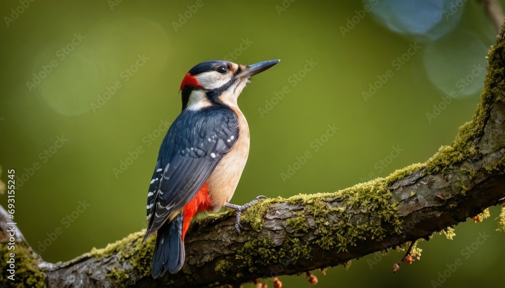 Poster a bird sitting on a tree branch with moss growing on it's sides and its beak open and mouth wide ope