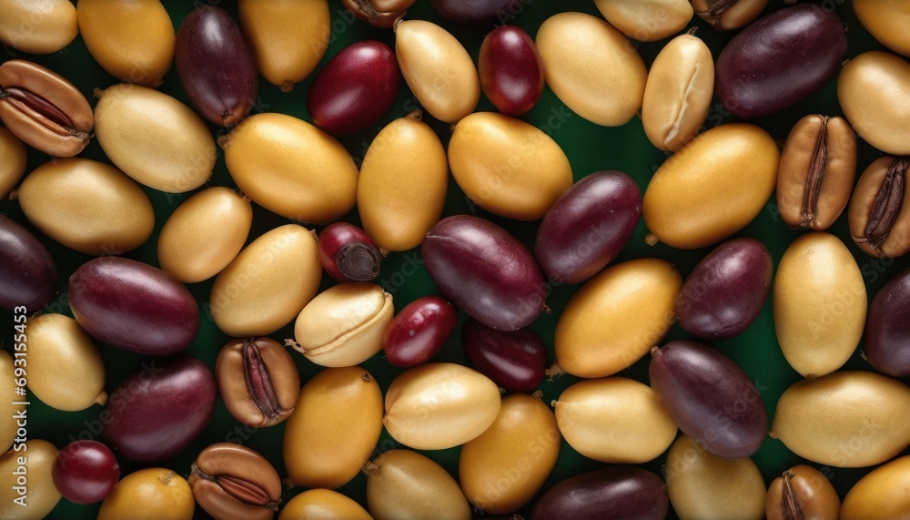 Poster a close up of a bunch of different types of nuts on a green surface with a black border around them.
