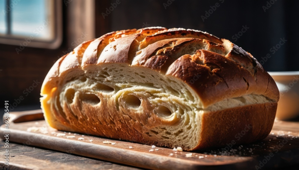 Aufkleber a close up of a loaf of bread on a cutting board with a bowl in the background and a window in the b
