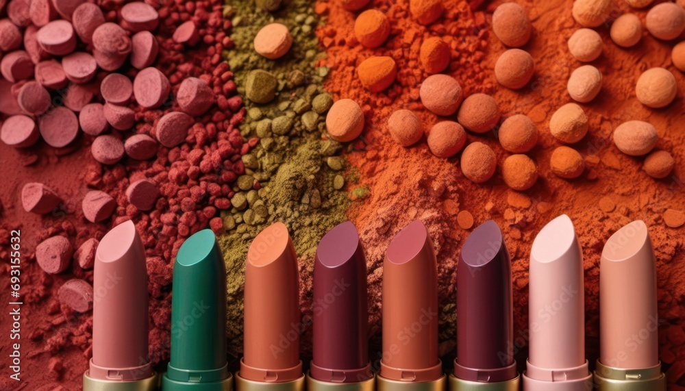 Poster a group of lipsticks sitting on top of a table next to a bunch of different colored powdered objects
