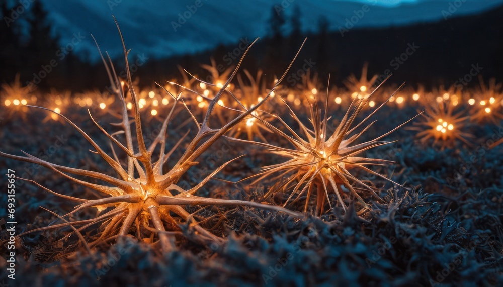 Poster a bunch of plants that are in the grass with some lights in the middle of the grass and a mountain i