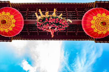 Chinese lanterns and ornaments in Chinatown Melbourne, an ethnic enclave with laneways, alleys and arcades. It is the oldest Chinatown in the Southern Hemisphere. Australia 2019 - obrazy, fototapety, plakaty
