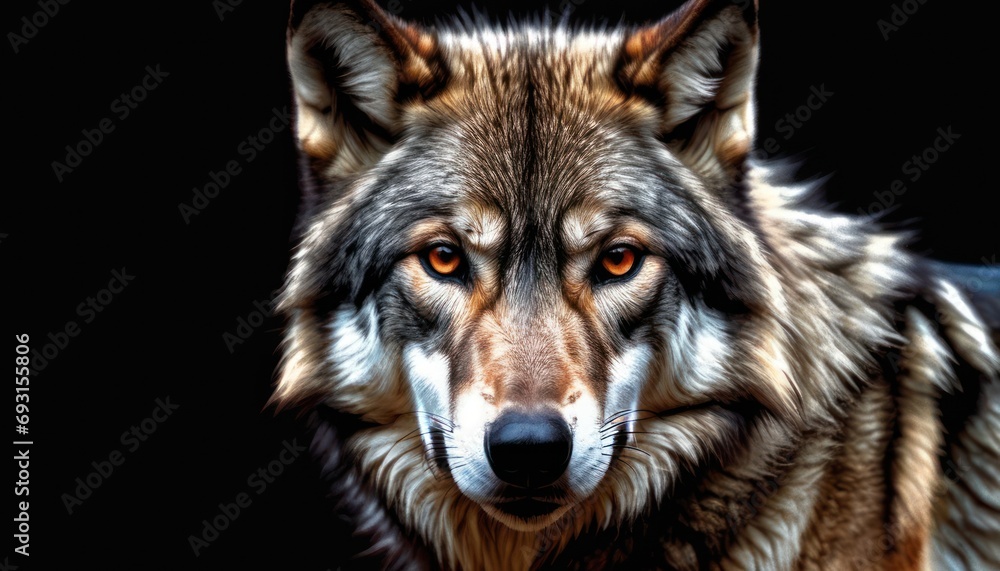 Poster a close up of a wolf's face with an intense look on it's face and in front of a black background.