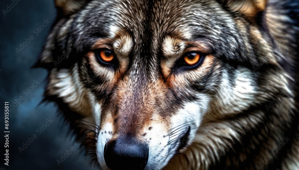 Poster a close up of a wolf's face with an intense look on it's face and in front of a dark background.