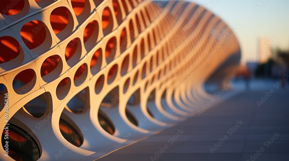 Poster a close up of a building with many different shapes on it, ai