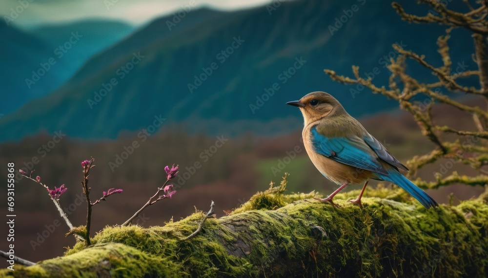 Poster a bird is perched on a mossy branch in front of a mountainous area with a mountain range in the back