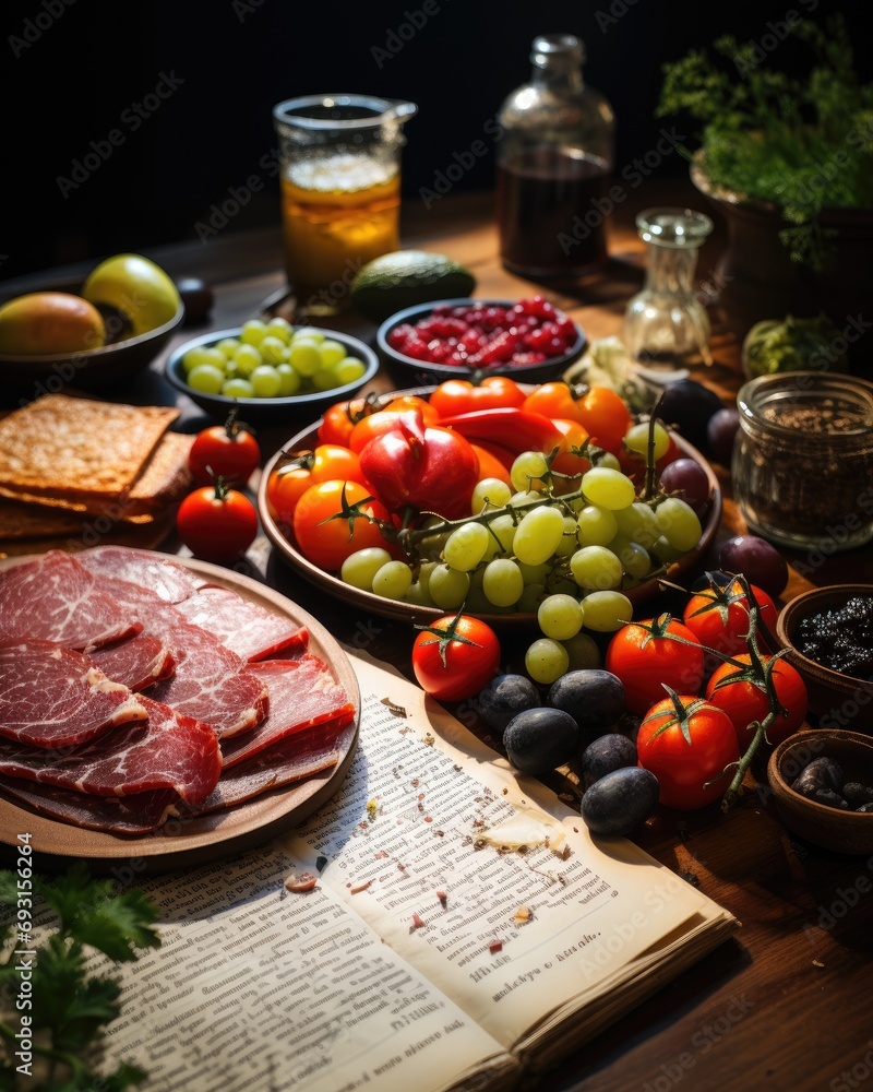 Poster a table adorned with a diverse assortment of delectable food items, showcasing a range of flavors, t
