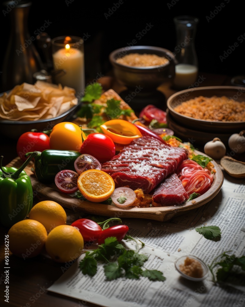 Poster a table covered with a variety of different types of food, showcasing a diverse selection of dishes.