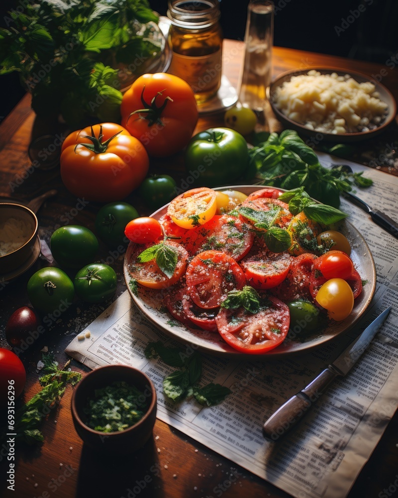 Poster a plate filled with tomatoes and various vegetables on a table.
