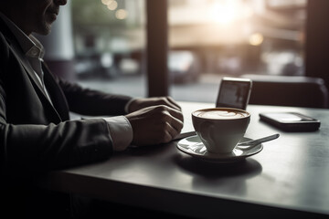 Morning coffee in mug on table in restaurant. Businessman with laptop and coffee at table in cafe. Breakfast with coffee in cafe. Hot cappuccino in cup on table in morning. - obrazy, fototapety, plakaty