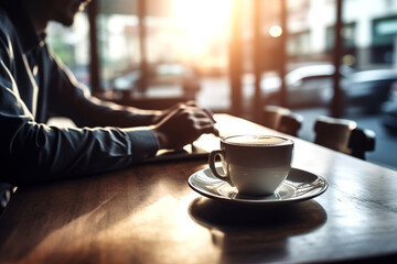Morning coffee in mug on table in restaurant. Businessman with laptop and coffee at table in cafe. Breakfast with coffee in cafe. Hot cappuccino in cup on table in morning. - obrazy, fototapety, plakaty
