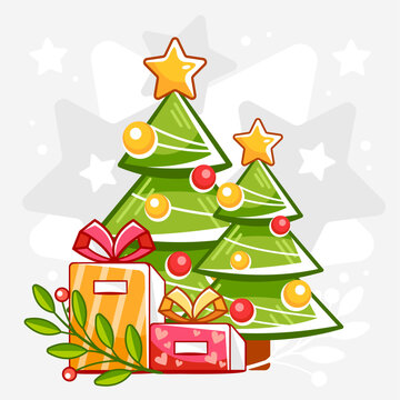 Vector Christmas composition of Christmas trees and gifts in a cute cartoon style.