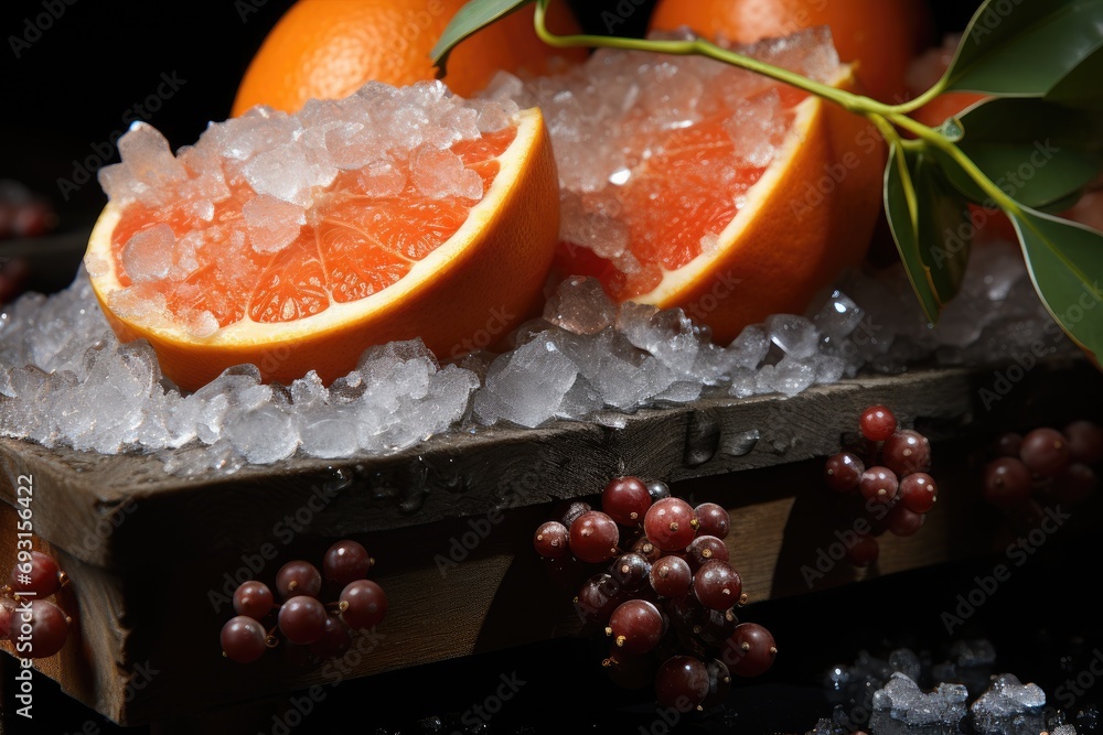 Poster Three grapefruits and two oranges arranged neatly on a table.