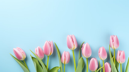 Spring bouquet of pink tulips on an isolated blue background with copyspace, pastel colors.