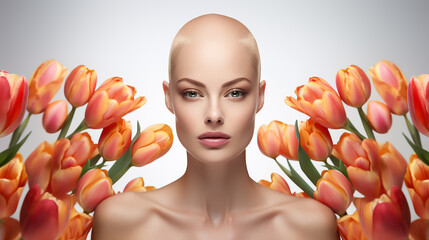 Beautiful young woman with bald head after chemotherapy on isolated white background with orange spring tulips, World Cancer Day.
