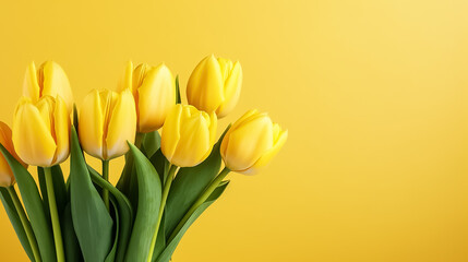 Spring bouquet of yellow tulips on an isolated yellow background with copyspace, pastel colors.