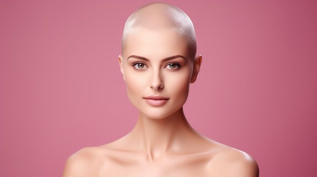 Beautiful young woman with bald head after chemotherapy on isolated pink background, World Cancer Day.
